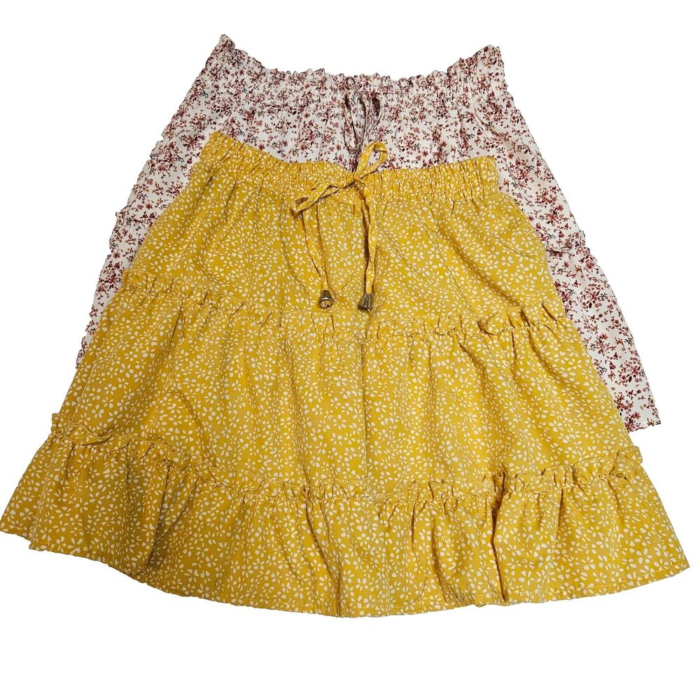 Lot of 2 Skirts Both Floral 1 Yellow/White Sz S & 1 White/Brown Sz M Tiered
